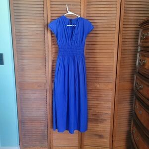 Faithful The Brand Angnes Glacial Blue Smocked Waist V-Neck Midi Dress